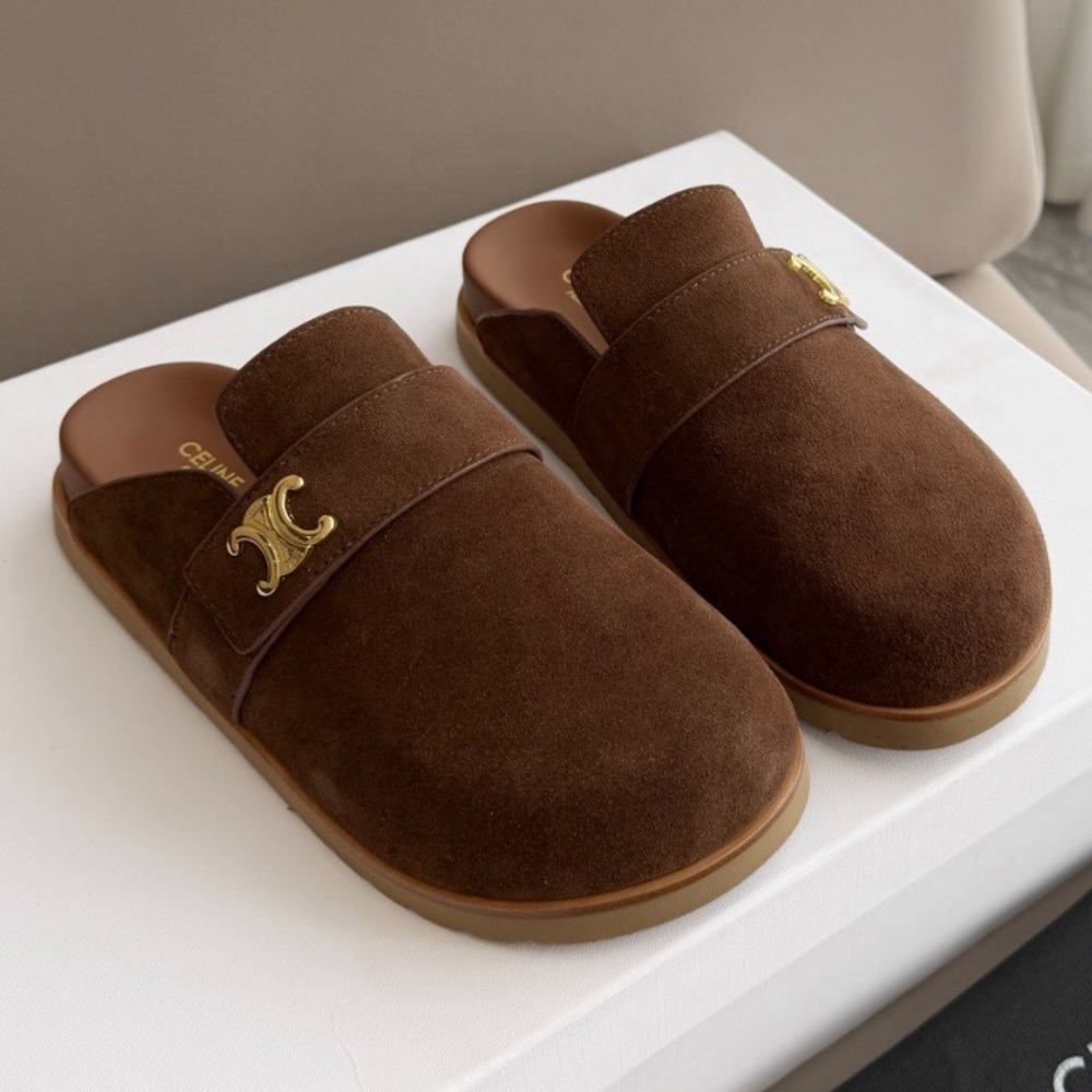 Celine Chocolate Suede Mules with Gold Emblem - Picture 3 of 4